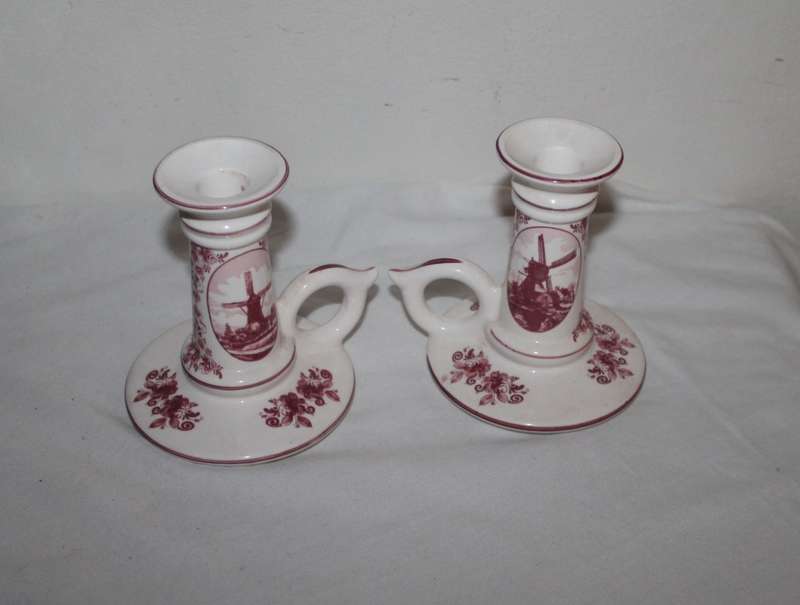 2 Pink Delft Candle holders