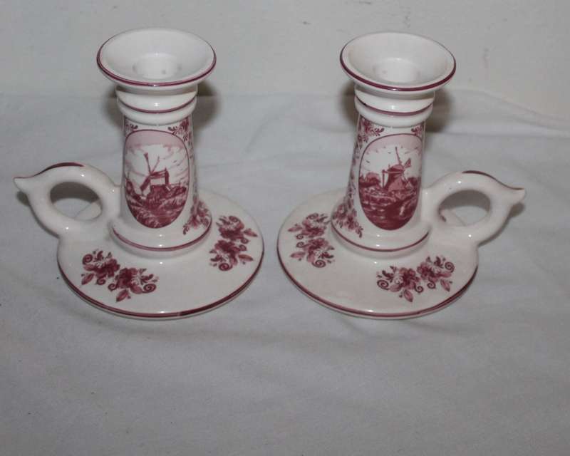 2 Pink Delft Candle holders