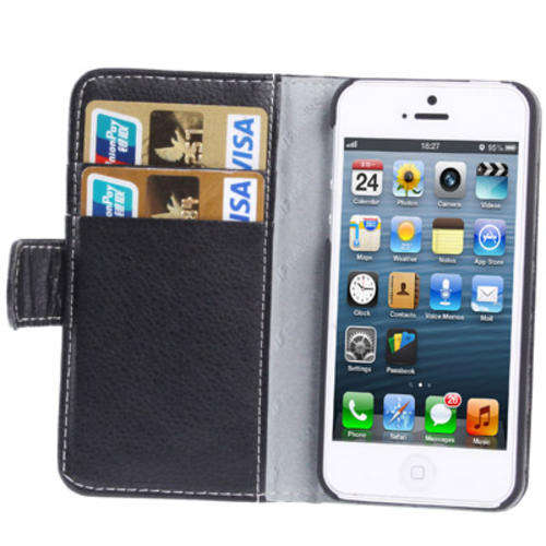 Melkco Litchi Texture Luxury Handmade Genuine Leather Case with Credit Card Slot for iPhone 5 -Black
