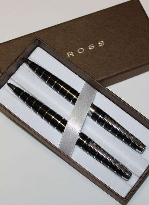 NEW IN BOX - CROSS BLACK LACQUER  & SILVER STRIPE PEN & PENCIL SET + BONUS 2 REFILLS