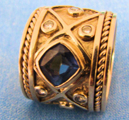 SOLID 9ct GOLD HANDCRAFTED MODERN BROAD LADIES DRESS RING WITH IOLITE AND DIAMONDS