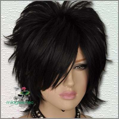 BLACK CURLY SHORT ANIMATION PUNK ROCK COSPLAY WIG