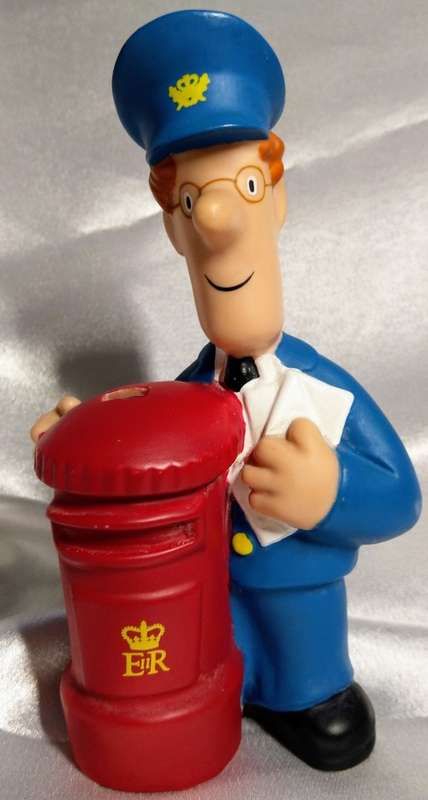 FULLY LICENSED 17CM 1996 POSTMAN PAT -BY WOODLAND STUDIOSGROSVENOR and 1990 BADGE