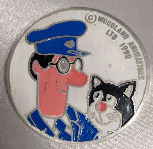 FULLY LICENSED 17CM 1996 POSTMAN PAT -BY WOODLAND STUDIOSGROSVENOR and 1990 BADGE