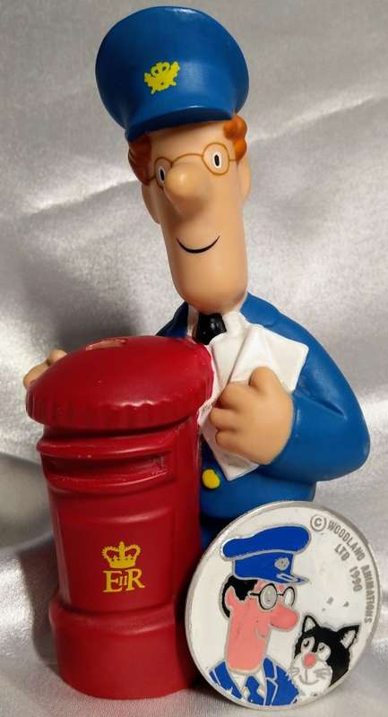 FULLY LICENSED 17CM 1996 POSTMAN PAT -BY WOODLAND STUDIOSGROSVENOR and 1990 BADGE