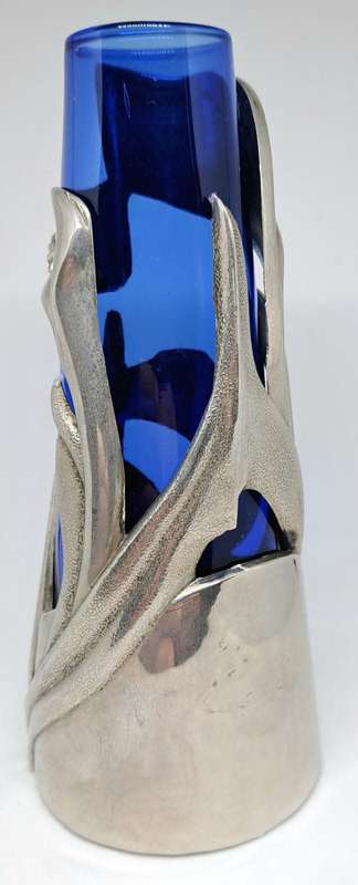 Vintage Cobalt Glass Vase in a Silver Pewter Calla Lily Flower Sleeve 14cm