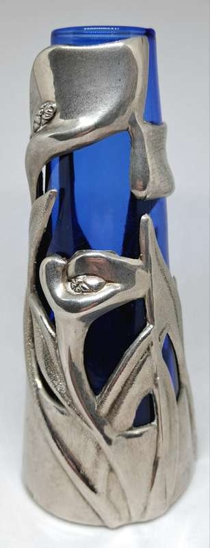Vintage Cobalt Glass Vase in a Silver Pewter Calla Lily Flower Sleeve 14cm