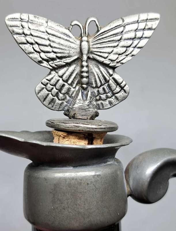 1920's Art Nouveau Green Glass Bottle With Pewter Overlay Decoration & Butterfly Stopper - 27cm