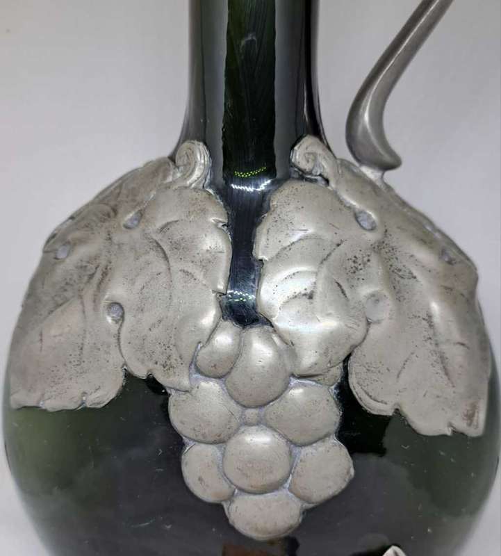 1920's Art Nouveau Green Glass Bottle With Pewter Overlay Decoration & Butterfly Stopper - 27cm