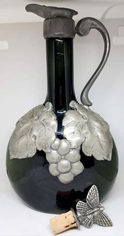 1920's Art Nouveau Green Glass Bottle With Pewter Overlay Decoration & Butterfly Stopper - 27cm