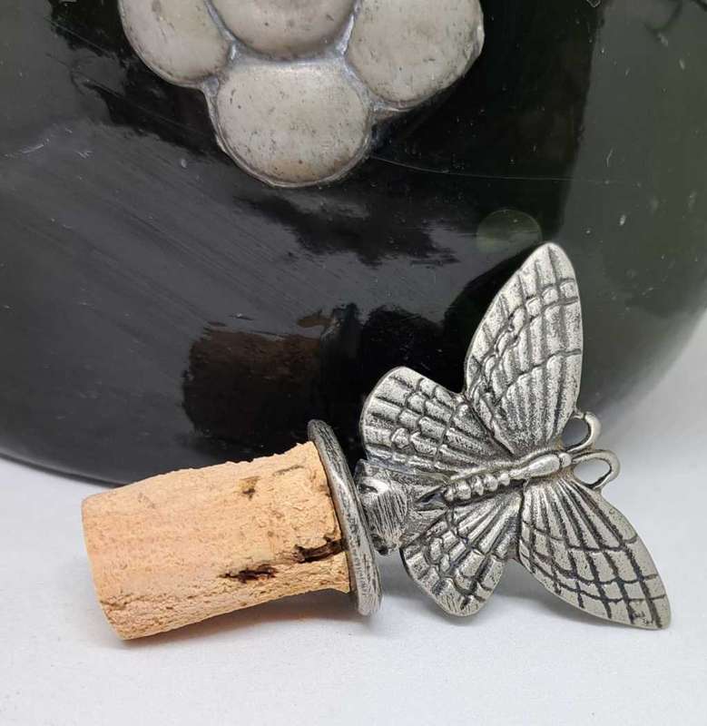 1920's Art Nouveau Green Glass Bottle With Pewter Overlay Decoration & Butterfly Stopper - 27cm