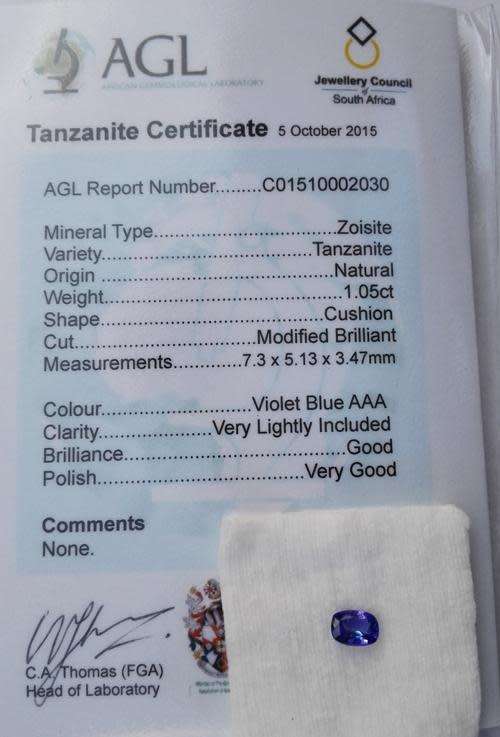 Certified 1.05ct Cushion Cut Tanzanite for sale