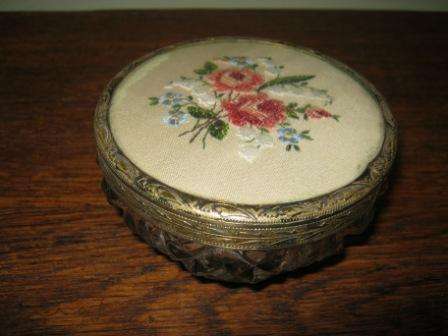 ? CUT GLASS DISH WITH EMBROIDERED ROSE DESIGN NO CHIPS OR CRACKS~   HAVE A LOOK!!!