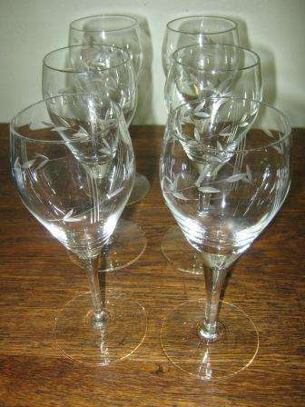 WINE  GLASSES X 6 WITH BEAUTIFUL CUT GLASS DESIGN ~  NO CHIPS OR CRACKS ~  HAVE A LOOK!!!