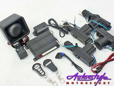 Central Locking kit with Alarm System CODE:HSO296 - suitable for 4 door vehicles - includes lock pumps, cabling - 2 remotes - led warning light 