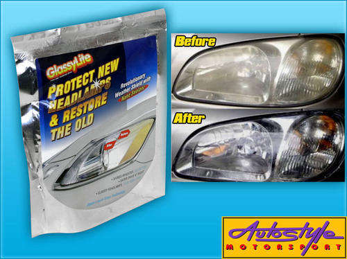 GlassyLite Headlight Restoration Kit  Protect & Restore your headlights  Glassylite is trusted by professional and is now available in DIY Form. 3 simple steps: Clean, Polish & Protect!  Each Kit includes contents to treat 2 headlights  includes: - 1 x 1500 sandpaper - 1 x 3000 sandpaper - 2 packs ACE cleaner - 5pc's paper towels - 2packs Hyper Shine (to shine your lamps) - 1 bottle Nazno Sealent to protect your lamps