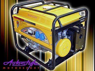 Shineray 5.5kVa Generator   Engine model: OHV25, single cylinder, forced air cooling, 4-stroke  RecommedMax.output[kW/(r/min)] 8.0/3600  Max.Torque[Nm/(r/min)] 21/2500  Bore stroke(mm) 88¡Á64  Displacement(ml) 389  Compression ratio 8.0:1  Starting system Recoil start  Engine oil designation SAE 15W/40(GB11121-1995)  Engine oil capacity(L) 1.1  Fuel designation 90#(GB17930-1999)  ¡¡  Generator  Rated voltage(V) 230,115/230,120,240  Rated frequency(Hz) 50/60  Rated output(kVA) 5  Max.output(kVA) 5.5  Power factor(cos¦Õ) 0.8  Fuel tank capacity(L) 25  Fuel consumption(L/h) 2.7  Continuous run time(h) 9  Noise(Away from 7m)[db(A)] 74  Dimension(L¡W¡H)(mm) 700¡540¡580  Net weight(Kg) 82/86