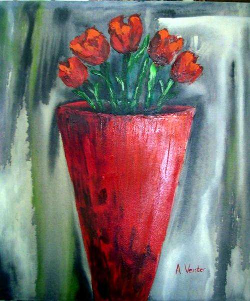 Tulips in vase - 600 x 700 x 44mm - oil on stretched canvas - by Alet Venter