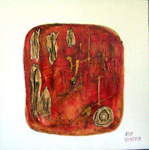 RED ABSTRACT, Mixed media on blocked stretched canvas , 400x400x45mm - by ALET VENTER
