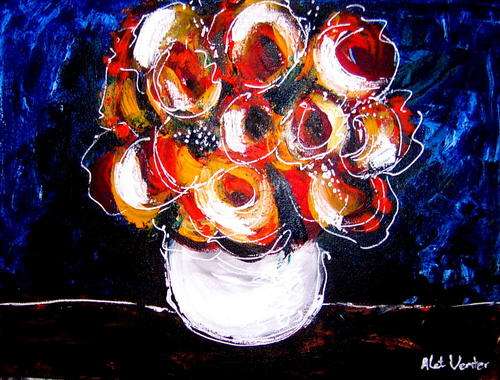 ORANGE FLOWERS IN WHITE POT -   BY ALET VENTER, 400x300x25mm on blocked stretched canvas