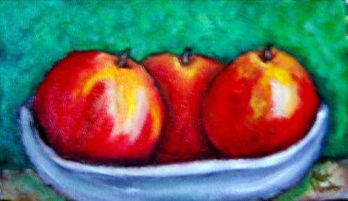 THREE APPLES 300 x 180mm,  acrylic on canvas on board c  -   BY ALET VENTER
