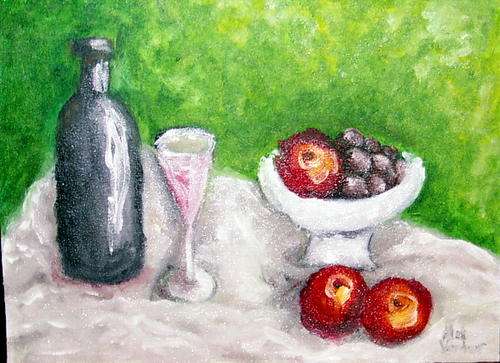 WINE AND APPLES  450 x 350  x 25mm, Oil on canvas on board  -   BY ALET VENTER