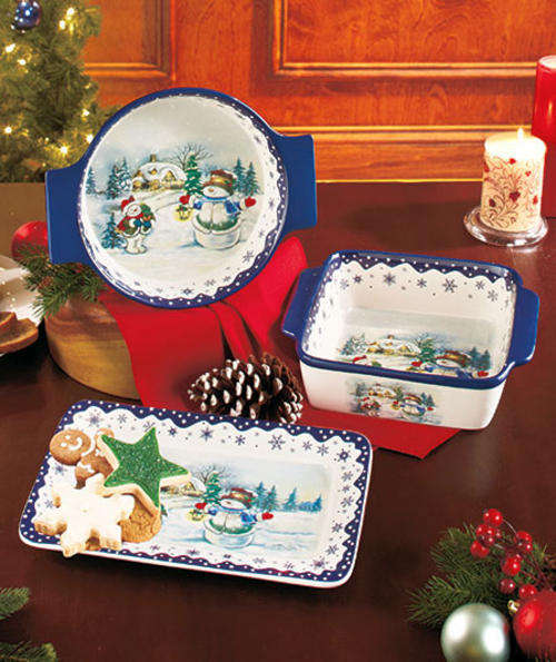3-Pc Stoneware Holiday Bake & Serveware / Snowman or Santa (see pics)