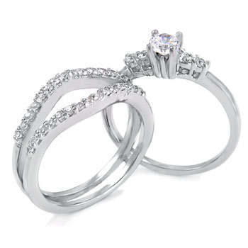 Sterling Silver Illusion Diamond Engagement & Wedding Ring Set
