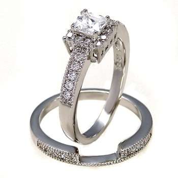 Sterling Silver Illusion Diamond Engagement & Wedding Ring Set