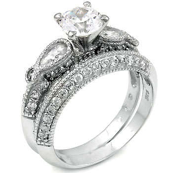 ** Read B4 Bidding ** Sterling Silver Diamond & Diamond ZrO2 Wedding Ring Set / Size 7
