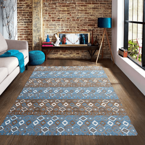 Modern Chenille Tribal Aztec Large Rug - Blue & Brown - BK Carpets & Rugs