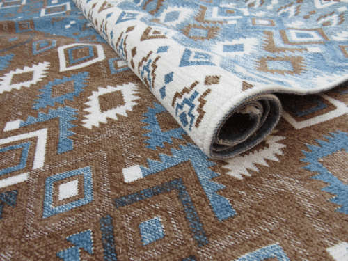 Modern Chenille Tribal Aztec Large Rug - Blue & Brown - BK Carpets & Rugs