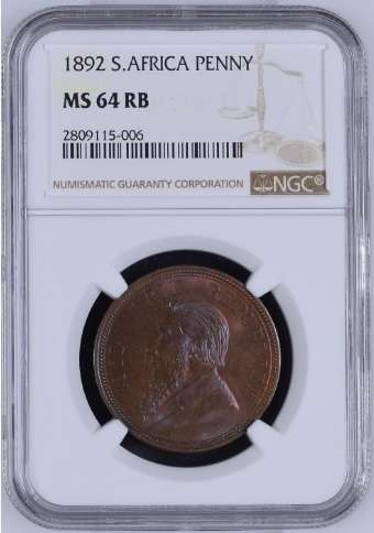 1892 ZAR Kruger Penny NGC Graded MS64 RB
