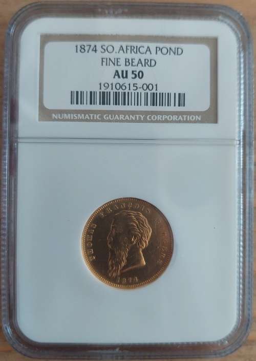 *1874 ZAR Burgers Pond Fine Beard NGC graded AU*