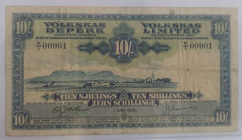 South West Africa(Windhoek) Volkskas Bank 10 Shillings 1949