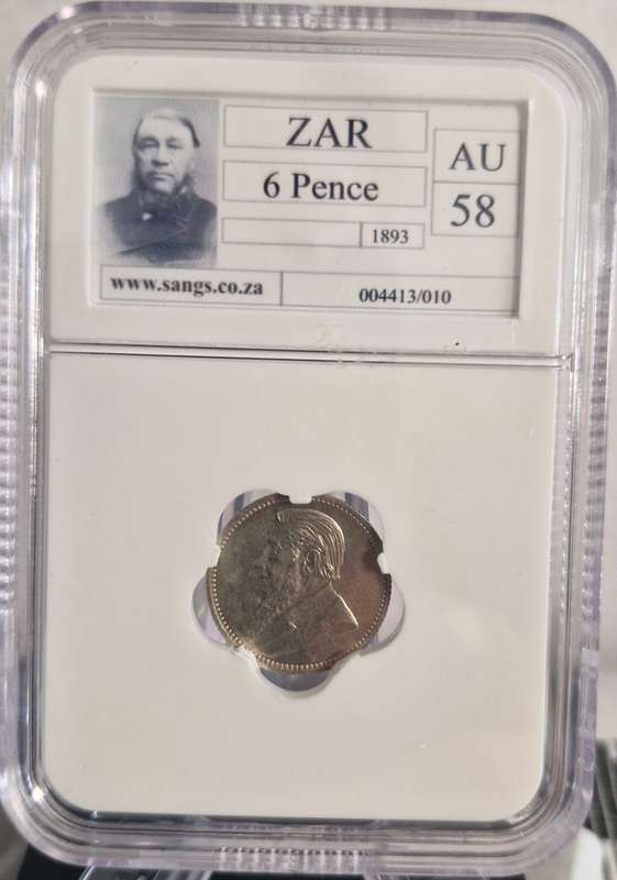 *1893 ZAR Kruger 6 Pence Graded AU58