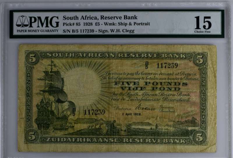1928 South Africa 5 Pounds Clegg PMG graded