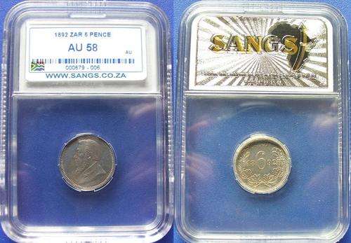 *** 1892 ZAR Kruger 6 Pence Graded AU58 ***