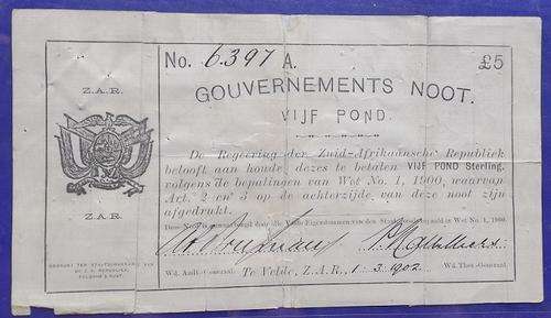** 1902 Boer War Gouvernements Noot Te Velde 5 Pond **