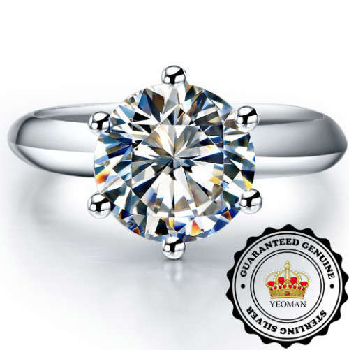 YEOMAN 2 Carat Simulated Diamond Sterling Silver Solitaire Ring. Size 6 / M