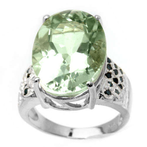 12.42CT GENUINE GREEN AMETHYST & 20PCS BLUE DIAMOND 0.925 STERLING SILVER RING