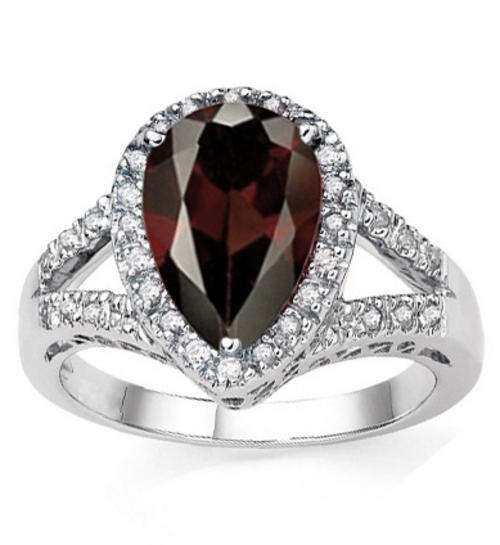PEAR SHAPE GARNET W/32 PCS GENUINE DIAMONDS 925 STERLING SILVER RING