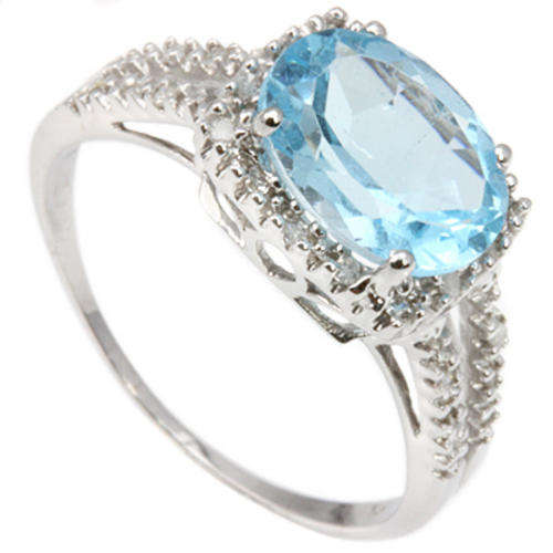 FINE SOLID 9KT WHITE GOLD 3.11CT BLUE TOPAZ & DIAMOND RING