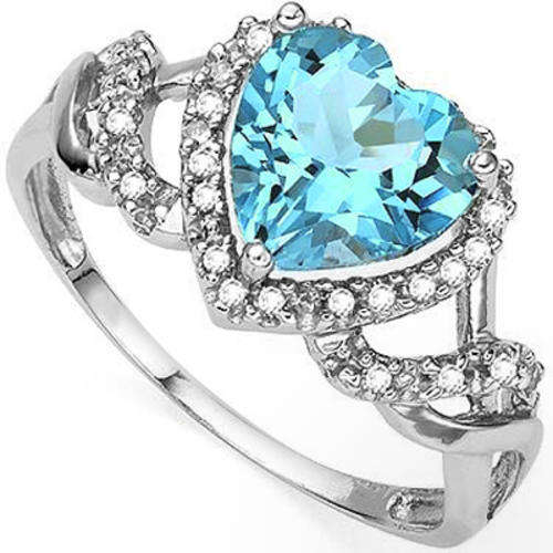 LOVELY 8MM HEART SHAPE BLUE TOPAZ AND 2 PCS DIAMOND 925 SILVER RING