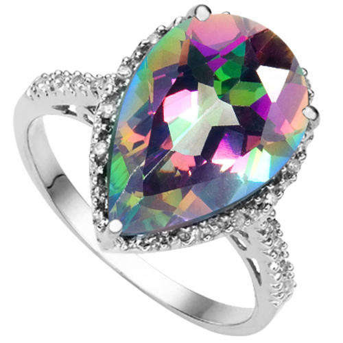 BEAUTIFUL 4.32 CT MYSTIC TOPAZ & 2 PCS WHITE DIAMOND 0.925 STERLING SILVER W/ PLATINUM RING