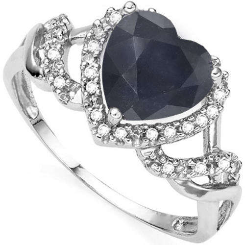 FACETED 8MM HEART SHAPE BLACK SAPPHIRE AND 2 PCS DIAMOND 925 SILVER RING