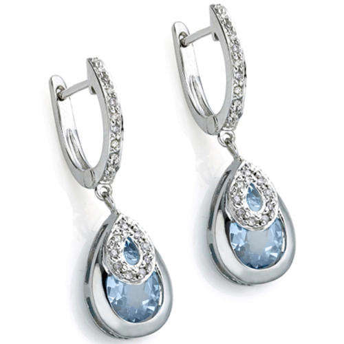 LOVELY 3.13 CARAT BLUE TOPAZ & 2 PCS WHITE DIAMOND 0.925 STERLING SILVER W/ PLATINUM EARRINGS