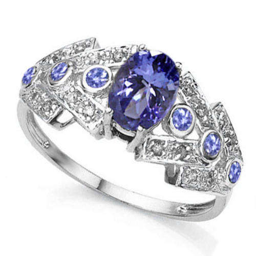 DAZZLING 1.30 CT GENUINE TANZANITE & 16 PCS WHITE DIAMOND 10K SOLID WHITE GOLD RING