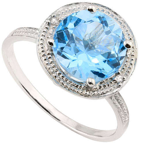 DAZZLING 9MM ROUND BLUE TOPAZ & DOUBLE WHITE DIAMOND 0.925 STERLING SILVER W/ PLATINUM RING