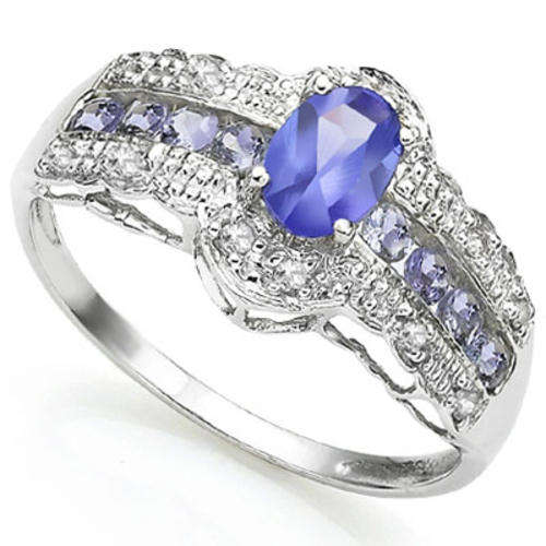 PERFECT 0.44 CT GENUINE TANZANITE & 8 PCS GENUINE TANZANITE 0.925 STERLING SILVER W/ PLATINUM RING